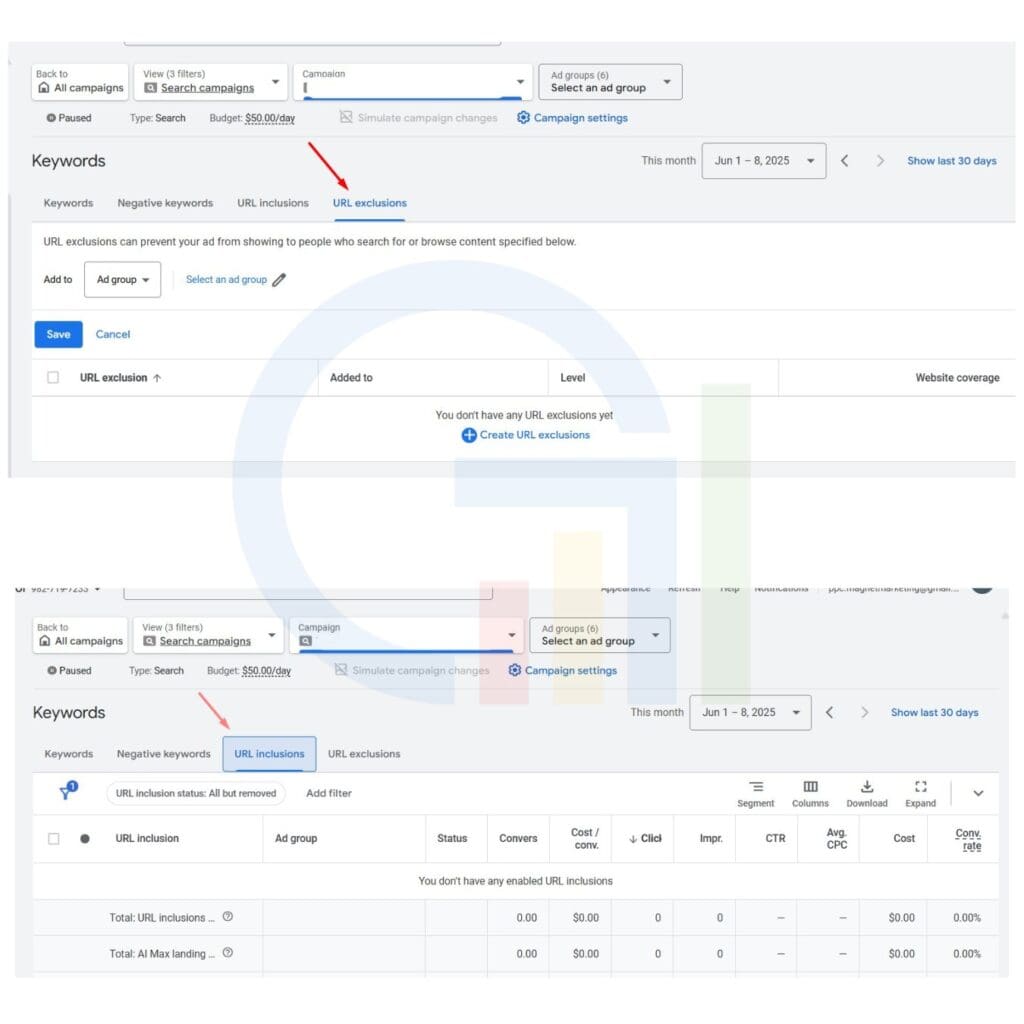 url exclusions inclusion search campaigns